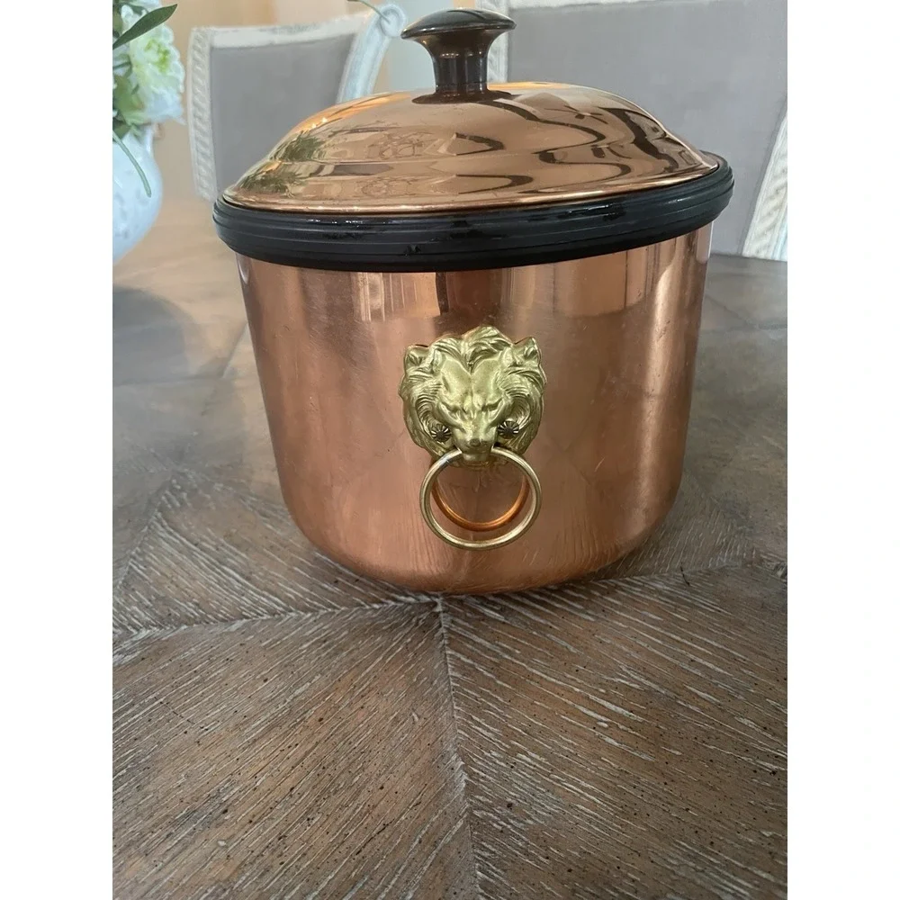 Vintage MCM Coppercraft Guild Copper Ice Bucket 2 Brass  Lion Head Handles 7x7